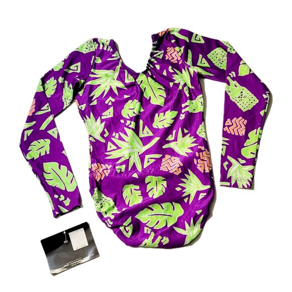 GK Elite VTG 90s Neon Green Tropical Purple AS Leotard Long Sleeve Adult S  NWT - Picture 6 of 10